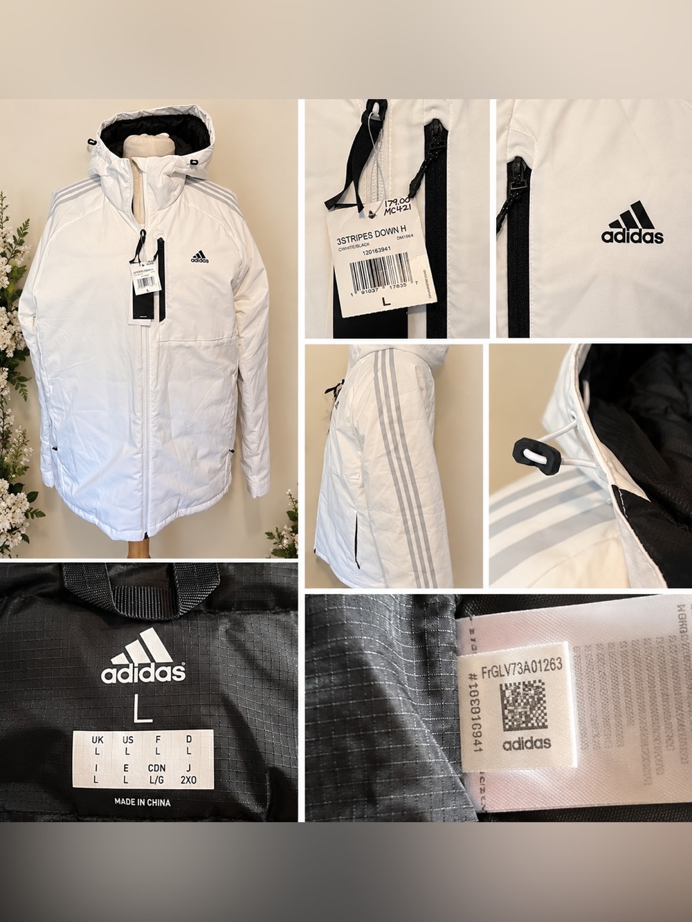 Adidas Men’s 3-Stripes Down Hooded Jacket White Black Size L NWT